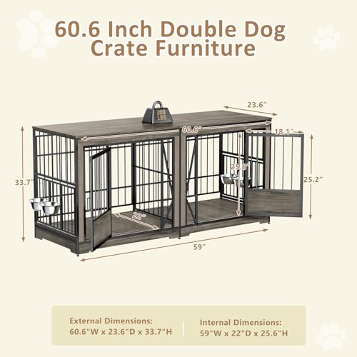 86 in Double Dog Crate Furniture with Divider, Heavy Duty Wooden Kennel for Large Dogs, Brown P52672