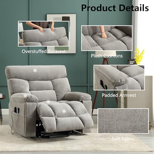 CANMOV Dual Motor Power Lift Recliner Chair for Elderly, Extra-Wide Seat, Heated Massage, Grey Fabric C219