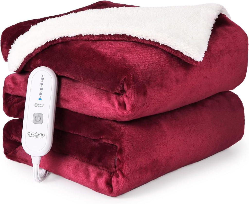 CAROMIO Heated Blanket Electric Throw 50" x 60", Soft Thickened Flannel to Sherpa Fast Heating Blanket with 5 Heating Levels & 4 Hours Auto Off, ETL Certified Electric Throw Blankets for Adults, Red