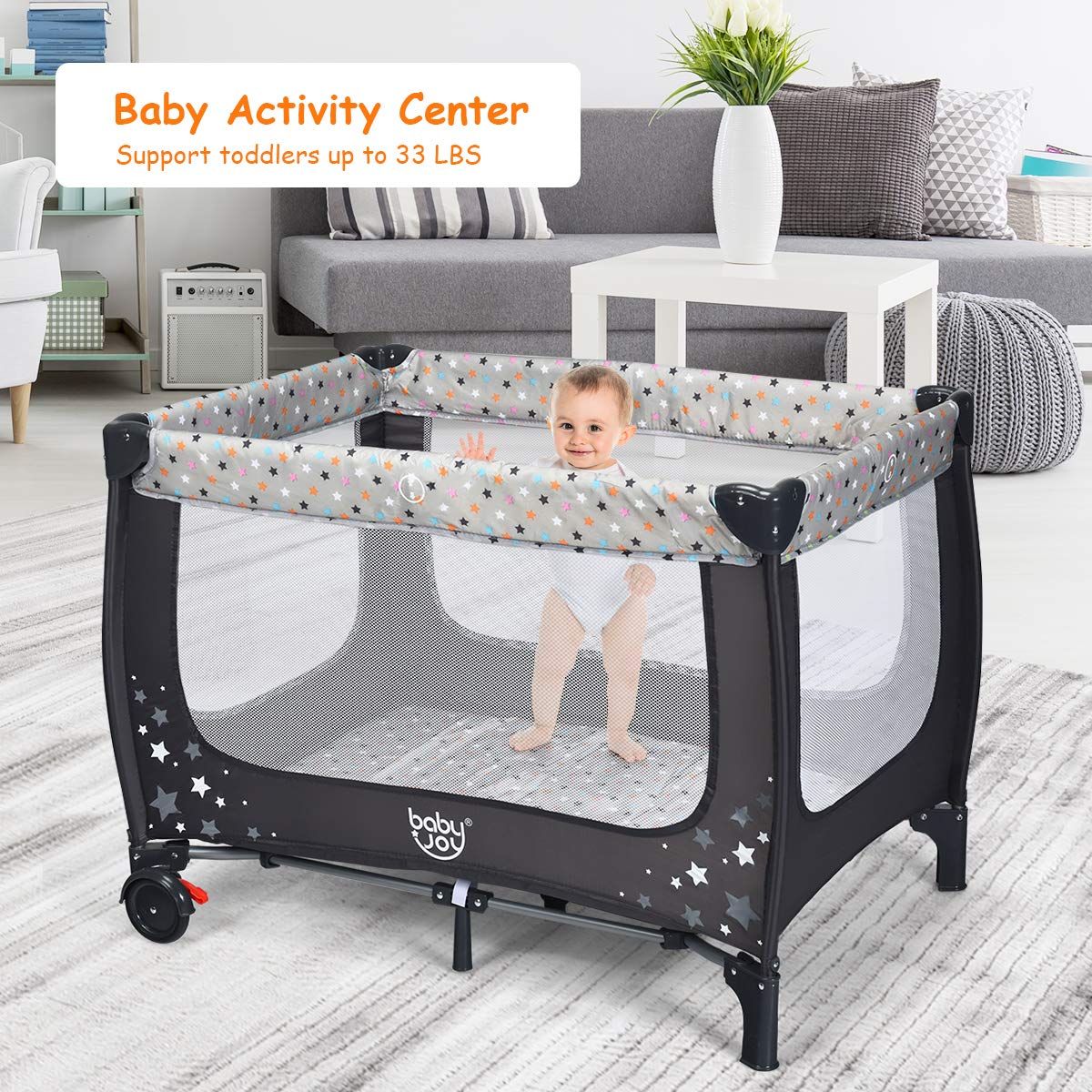 HONEY JOY Pack and Play, Foldable Baby Playard with Bassinet, Gray D272491