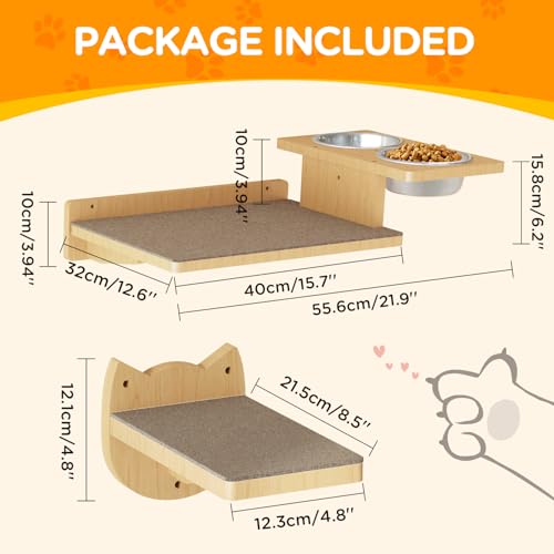 MeowHomm Cat Wall Shelves with 3 Steps and 2 Food Bowls S894
