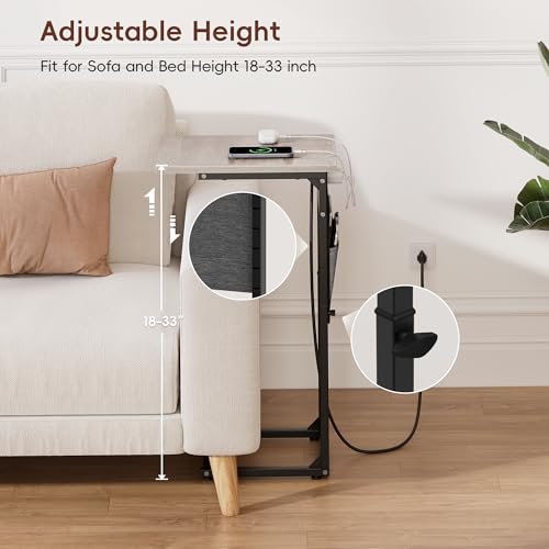 Vagusicc C Shaped End Table with Charging Station, Adjustable Height, Brown C747005