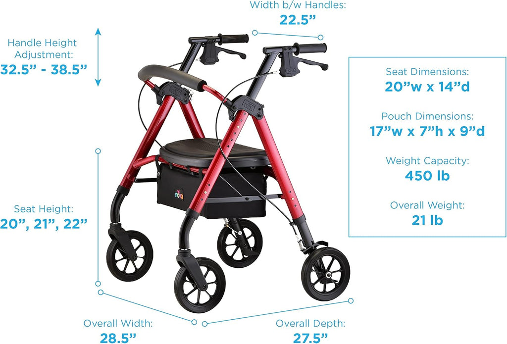 NOVA Medical Products Star 8 DX Extra-Wide Rollator, 450 lb Capacity, Red O801580