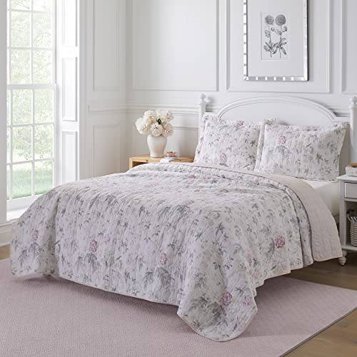 Laura Ashley King Quilt Set, Reversible Cotton Bedding with Shams, Floral Pink/Grey C4868
