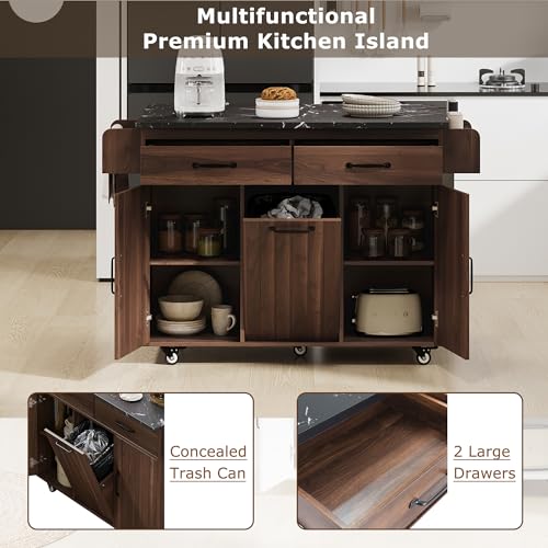 Kitchen Island Cart with Trash Can Storage and Drop Leaf B558974