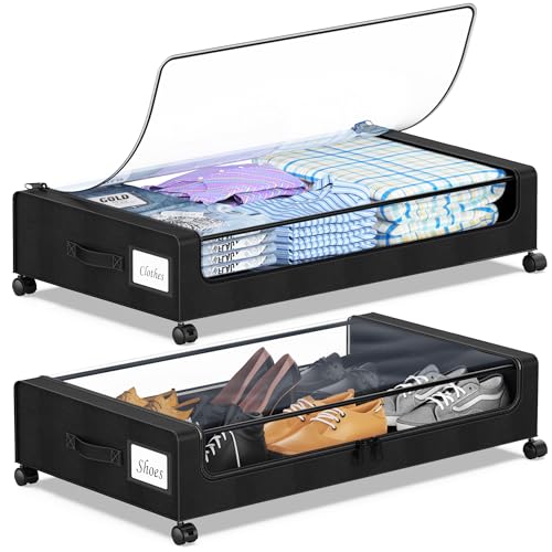 Under Bed Storage with Wheels, 2-Pack Rolling Metal Drawer, Black D42977