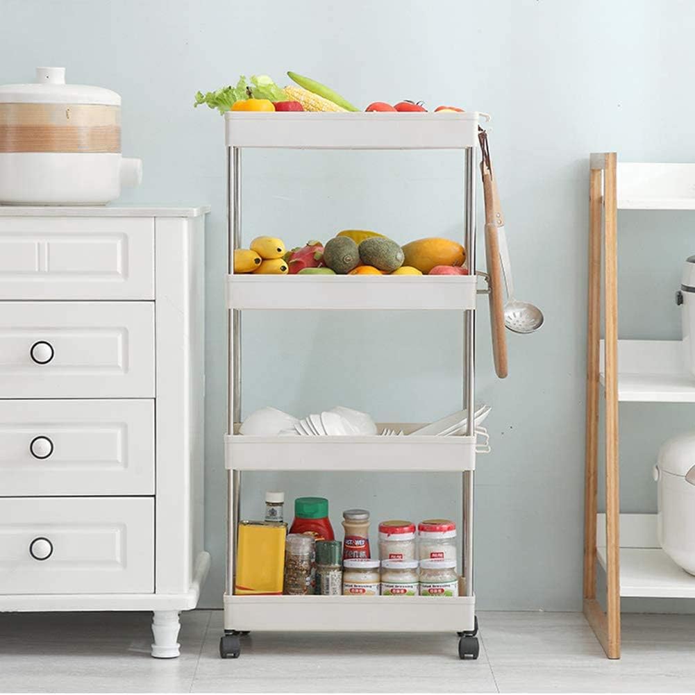 4 Tier Narrow Sliding Storage Organizer Rack Rolling Cart White L318