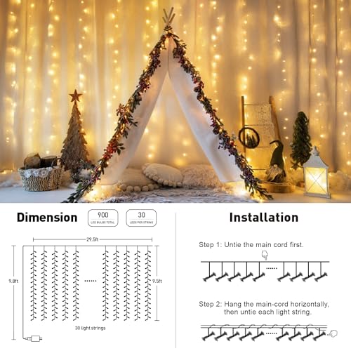 JMEXSUSS 300 LED Remote Control Christmas Curtain Lights, Warm White V64841