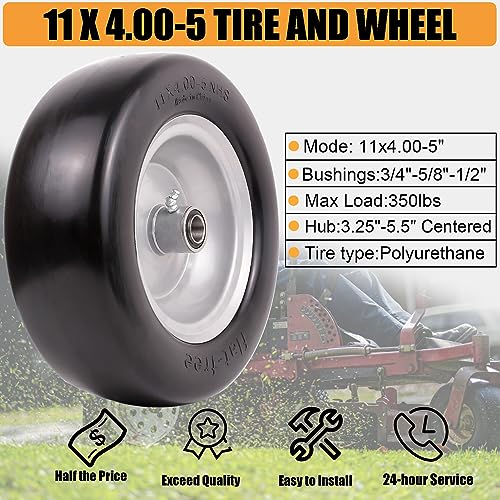 11x4.00-5 Flat Free Solid Lawn Mower Tires with Wheels and Bearings, 2 Pack N22379