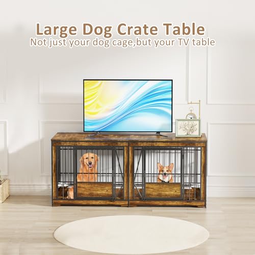 86 in Double Dog Crate Furniture with Divider, Heavy Duty Wooden Kennel for Large Dogs, Brown P52672