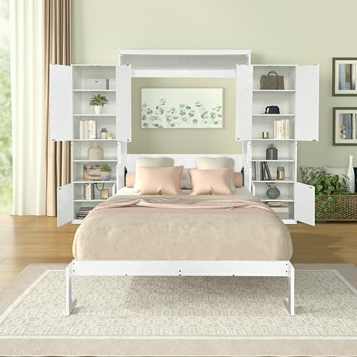 Queen Size Murphy Bed with Desk & Charging Station, White K505073