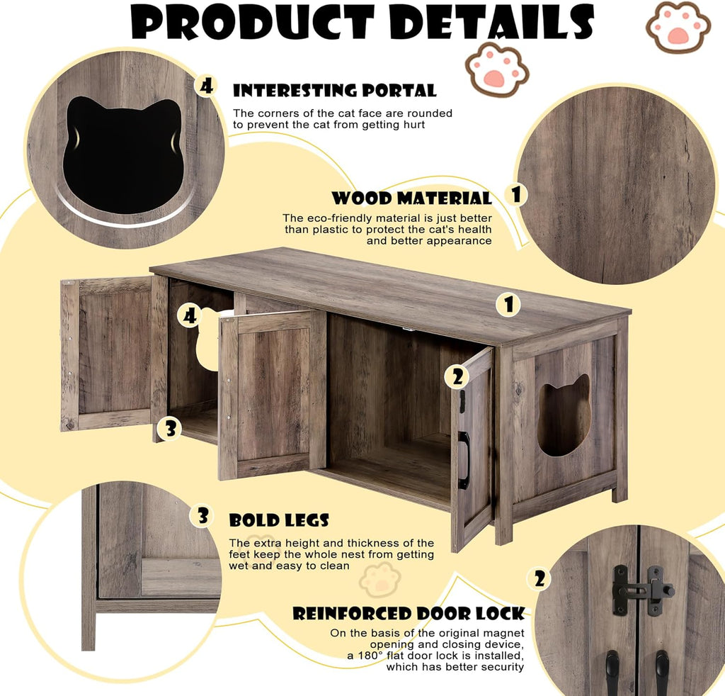TITIMO Cat Litter Box Enclosure for 2 Cats with Lockable Door, Wooden, Greige A67654