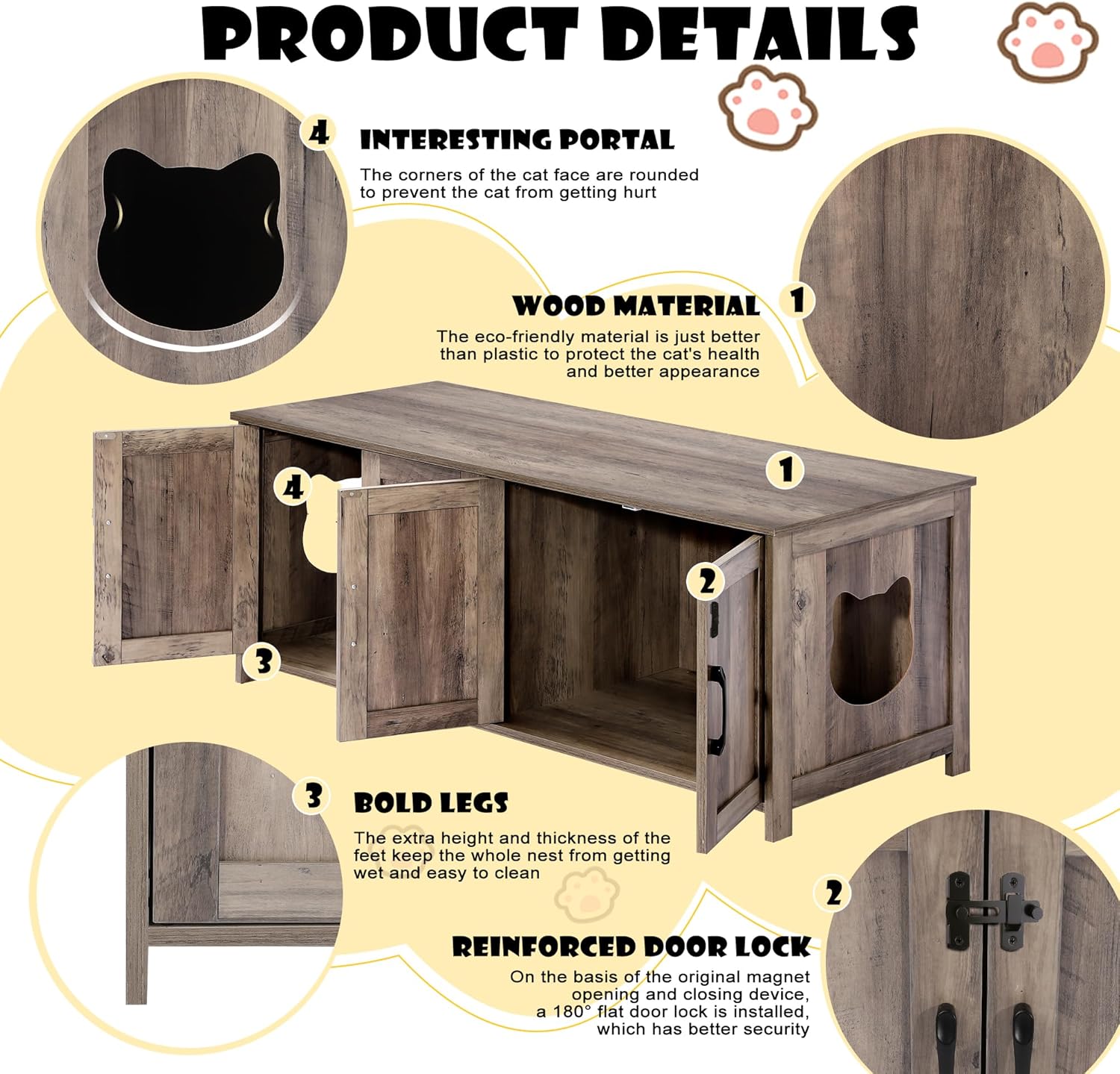 TITIMO Cat Litter Box Enclosure for 2 Cats with Lockable Door, Wooden, Greige A67654