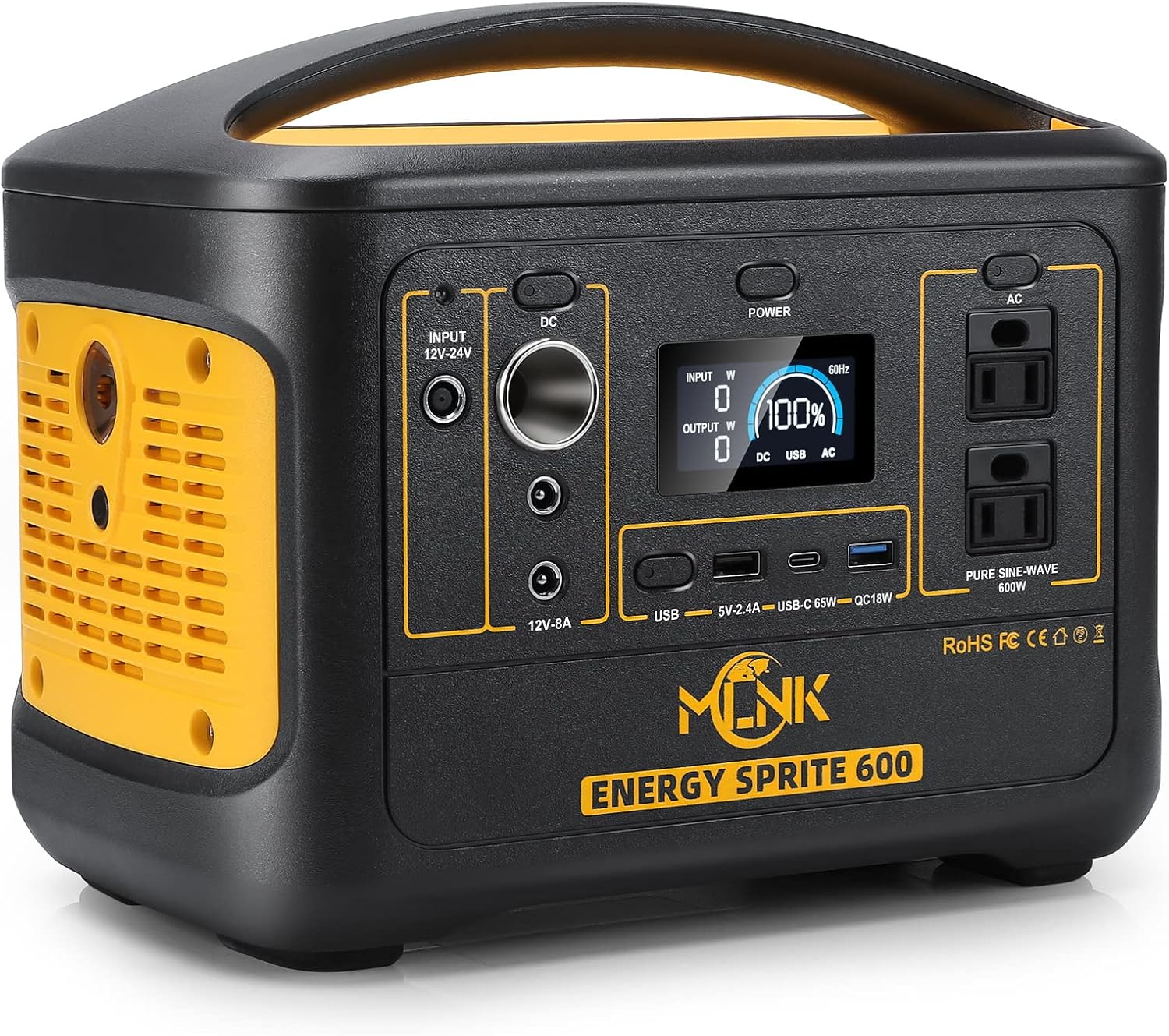 Portable Power Station 600W, ENERGY SPRITE 600, 540Wh Mobile Lithium Battery Pack with 2 x 600W AC Outlets & 3 x DC Outputs & 1 x USB-C PD 65W &1 x USB FAST Charge & LED Flashlight, Solar Generator for outdoor camping, RV, Emergency