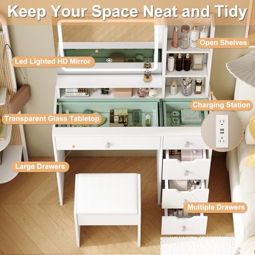 White Vanity Desk with Mirror and LED Lights, 5 Drawers, Stool V4838