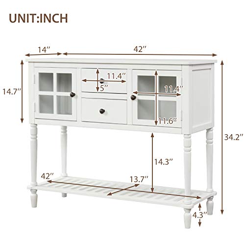 Buffet Sideboard Console Table with 2 Drawers, 2 Cabinets & Glass Doors, Antique Navy R9763