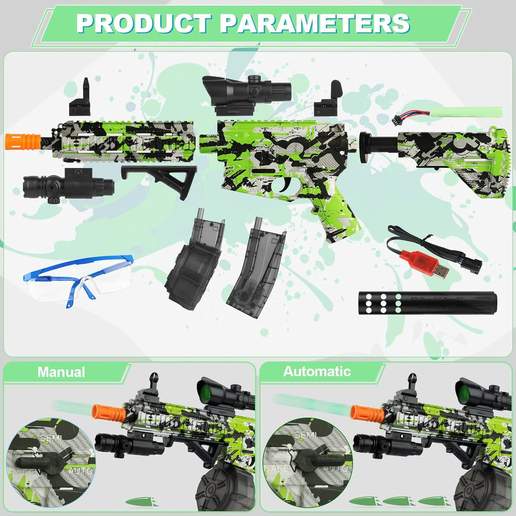 Gel Ball Blaster with Drum & Mag, Automatic and Manual, 40000 Rounds, Goggles (Green) B290