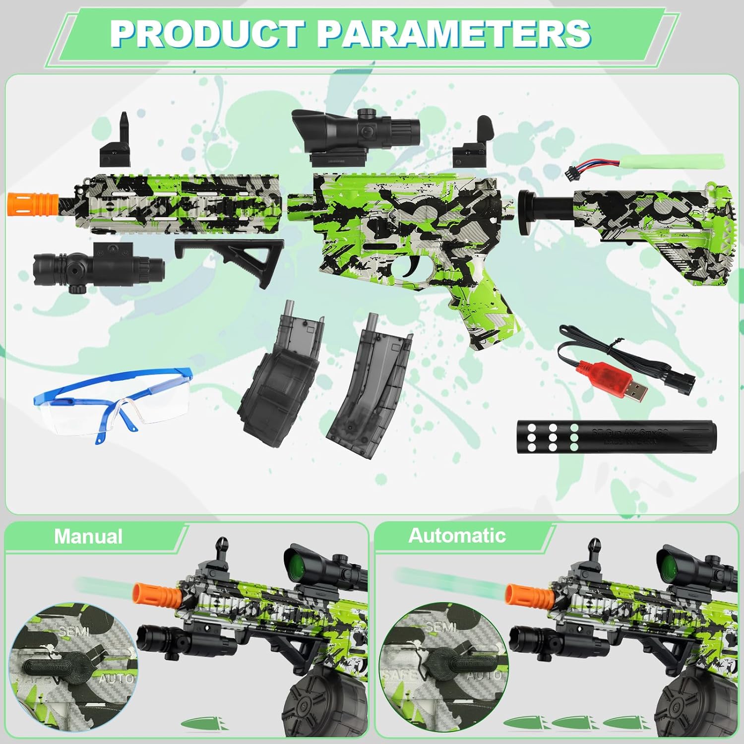 Gel Ball Blaster with Drum & Mag, Automatic and Manual, 40000 Rounds, Goggles (Green) B290