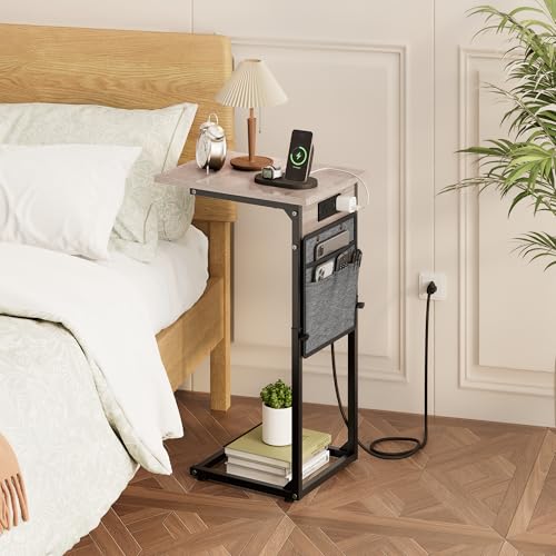 Vagusicc C Shaped End Table with Charging Station, Adjustable Height, Brown C747005