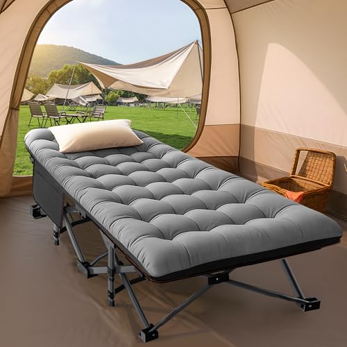 ABORON Folding Camping Cot with Mat for Adults, Heavy Duty Outdoor Bed with Carry Bag C211720