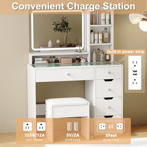 White Vanity Desk with Mirror and LED Lights, 5 Drawers, Stool V4838