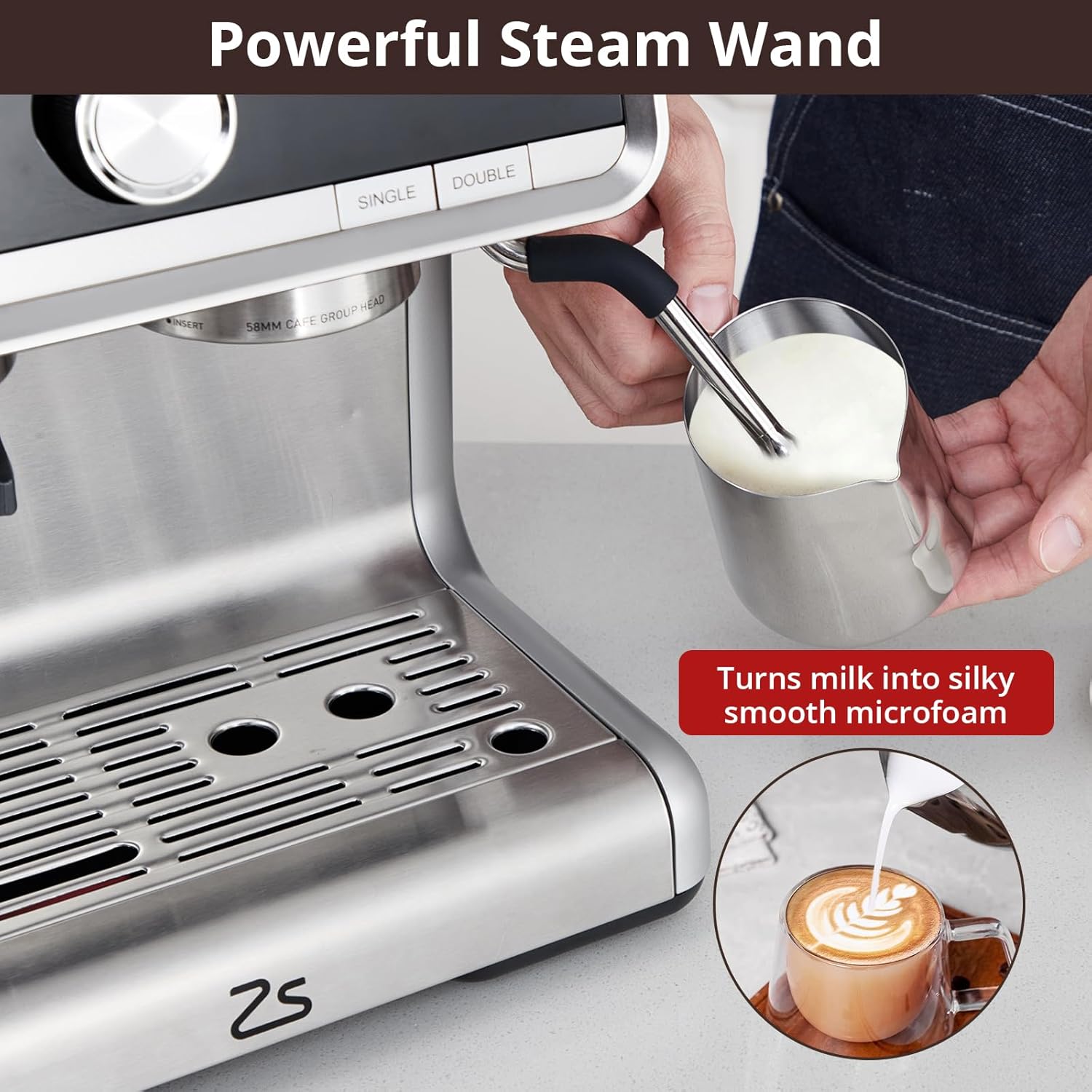 Espresso Machine with 20 Bar, Brushed Stainless Steel, Milk Frother Steam Wand M922965