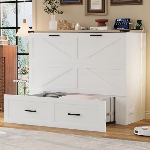 Murphy Cabinet Bed Frame with Charging Station, Full-Size Foldable Wall Bed Z526