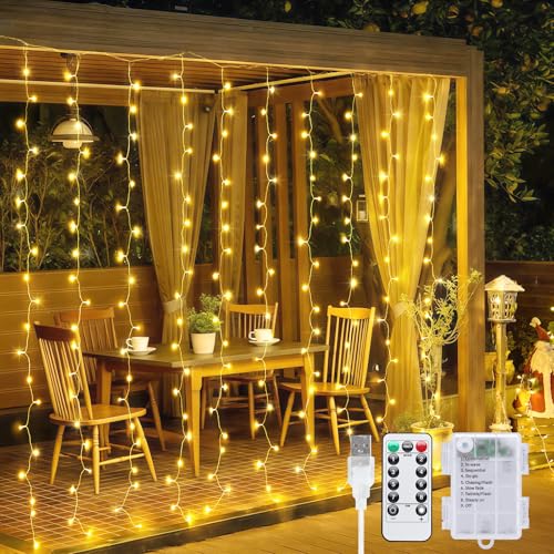 JMEXSUSS 200 LED Christmas Curtain Lights, Warm White, Battery & USB Powered W573