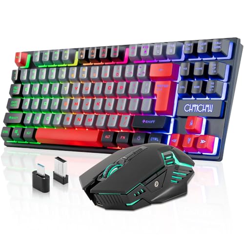 Gaming Wireless TKL Keyboard Mouse Combo Rechargeable LED Backlit Tenkeyless Compact 87 Keys 6 Button for Computer Laptop PS4 PS5 Switch Compatible with Windows XP/7/8/10 iMac MacBook Xbox one X