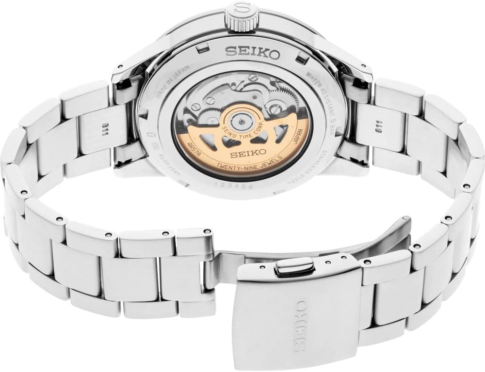 SEIKO Men's Presage Automatic Watch, Black Dial Silver Stainless Steel Band L676