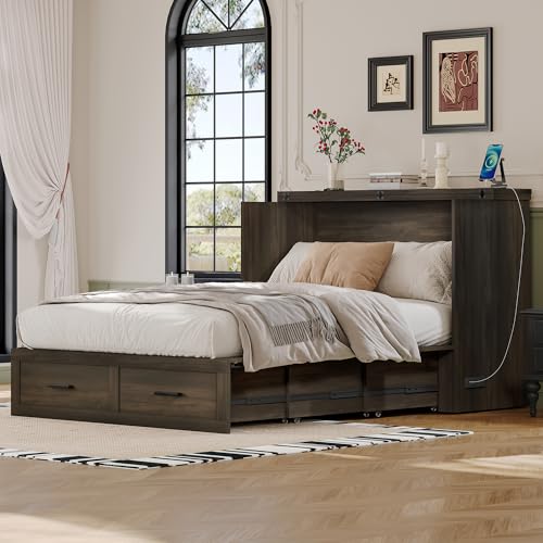 Murphy Cabinet Bed Frame with Charging Station, Full-Size Foldable Wall Bed Z526