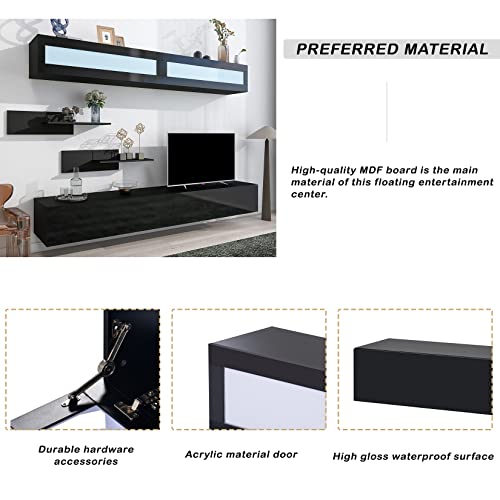 Wall Mount Floating TV Stand with Media Storage, RGB LED Lights, Black C5241