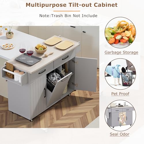 Kitchen Island Cart with Trash Can Storage and Drop Leaf B558974