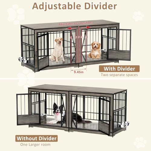 86 in Double Dog Crate Furniture with Divider, Heavy Duty Wooden Kennel for Large Dogs, Brown P52672
