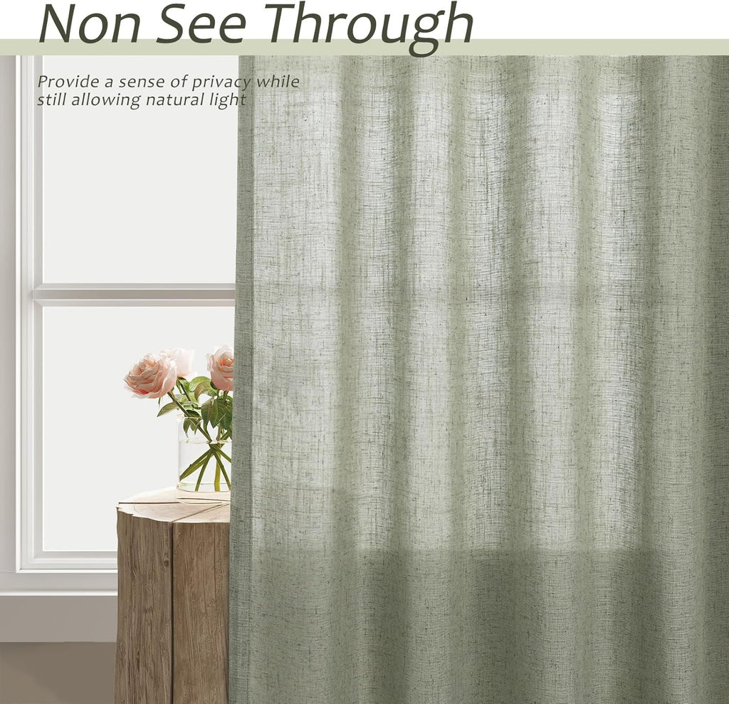 Sage Green Semi Sheer Linen Curtains 84 Inch Length 2 Panels Set D855