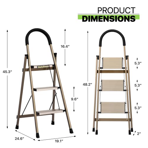 Magshion Aluminum 3-Step Ladder Folding Step Stool with Padded Grip, 331lbs Capacity, Gold P886800