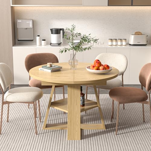 Extendable Round Dining Table for 4-8 with Removable Leaves, Wood Base, Walnut V742