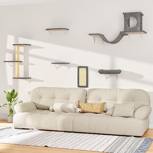 NUNU LAB Wall Mounted Cat Furniture, 7 Pcs Cat Wall Shelves with House, Gray T582052