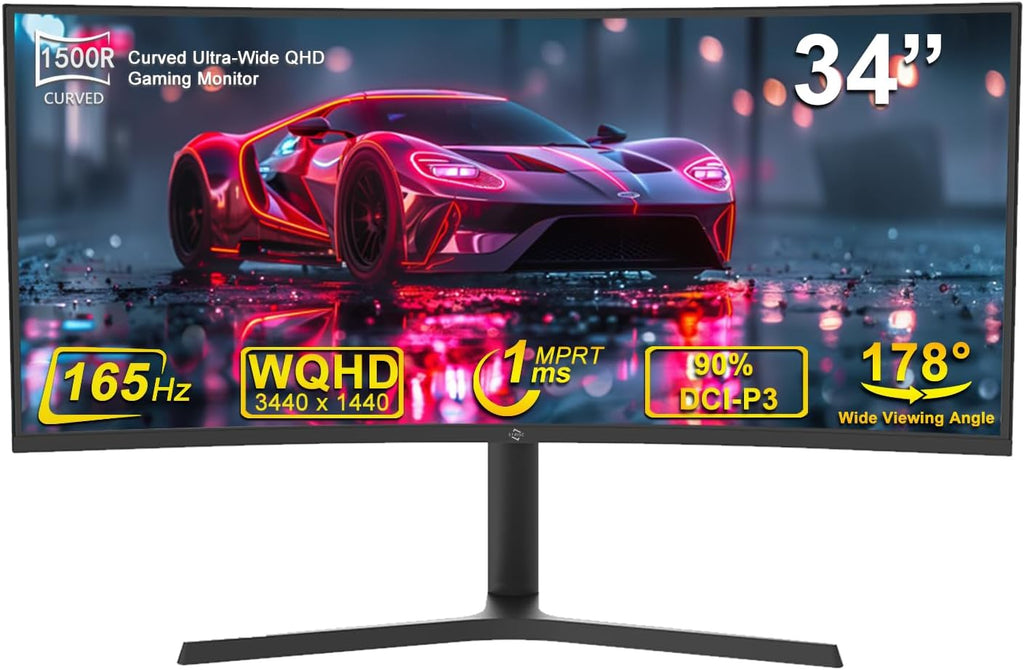 34 Inch Ultrawide Curved Gaming Monitor, UWQHD (3440 x 1440p) 165Hz Frameless 90% DCI-P3 1500R Display Port & HDMI Adjustable Computer Monitor Support 75 x 75mm VESA RIQ34-4K165HZ