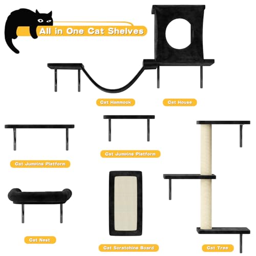 NUNU LAB Wall Mounted Cat Furniture, 7 Pcs Cat Wall Shelves with House, Gray T582052