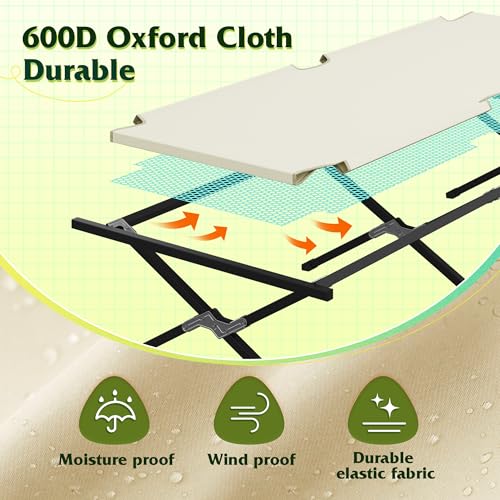 WLIVE Military Camping Cot, Portable Folding Cot with Carry Bag, Supports 300 Lbs, Silver Greige R758042