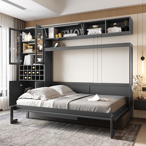 MERITLINE Queen Murphy Bed with Couch and Storage Shelves, LED Light, White J578