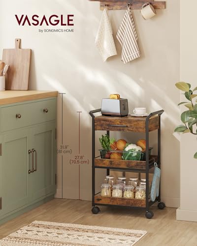 VASAGLE 4-Tier Rolling Utility Cart with Table Top, Lockable Casters, Rustic Brown and Ink Black L57262