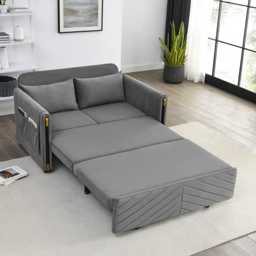 54" Modern Velvet Convertible Sofa Bed with 2 Pillows, Gray O946039