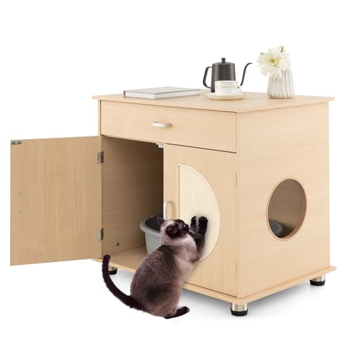 Tangkula Cat Litter Box Enclosure with Storage Shelf and Scratching Doors X93149