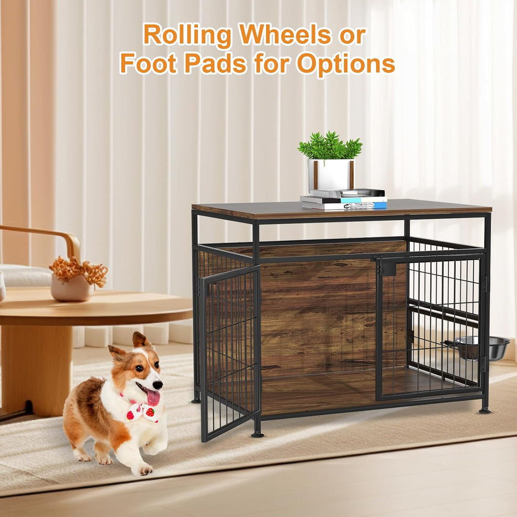 Wooden Dog Crate Furniture with Wheels, Double Doors, 31" B720006