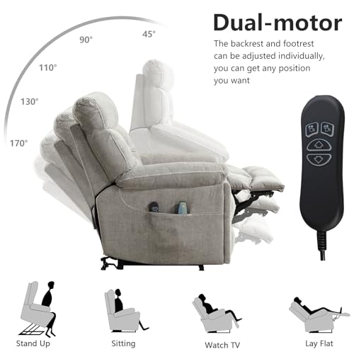 CANMOV Dual Motor Power Lift Recliner Chair for Elderly, Extra-Wide Seat, Heated Massage, Grey Fabric C219