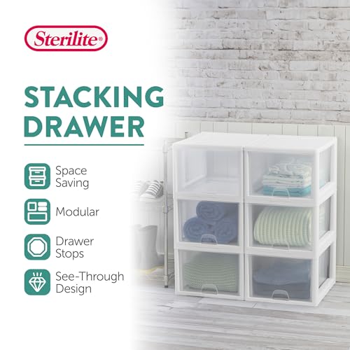 Sterilite 4-Pack 27 Quart Stacking Drawer, Clear Storage Organizer with White Frame M965