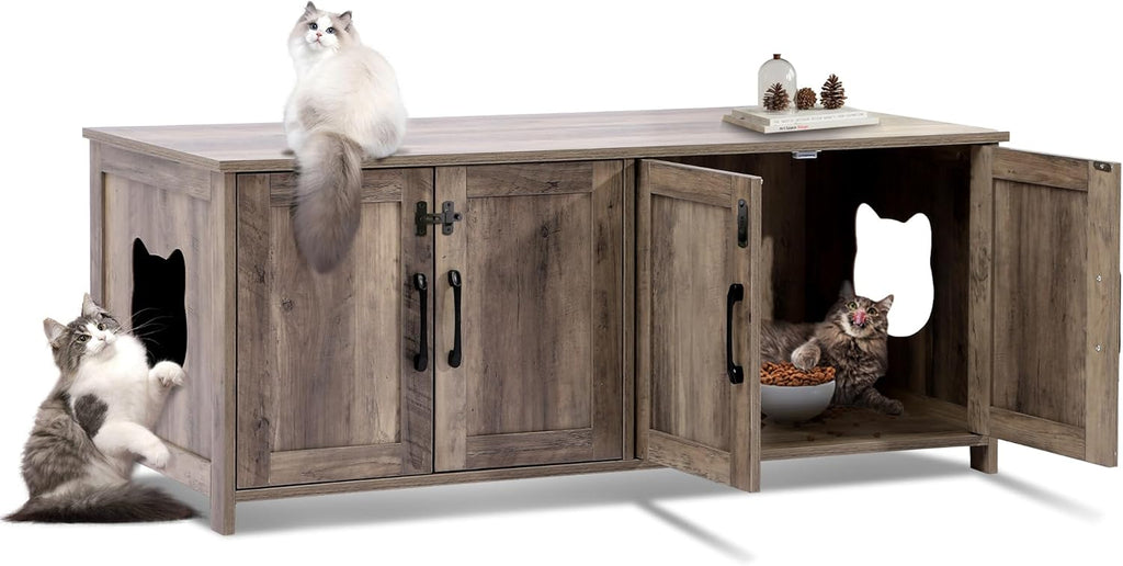 TITIMO Cat Litter Box Enclosure for 2 Cats with Lockable Door, Wooden, Greige A67654