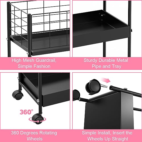 3 Tier Rolling Utility Cart for Kitchen Bathroom Office, Black Y802